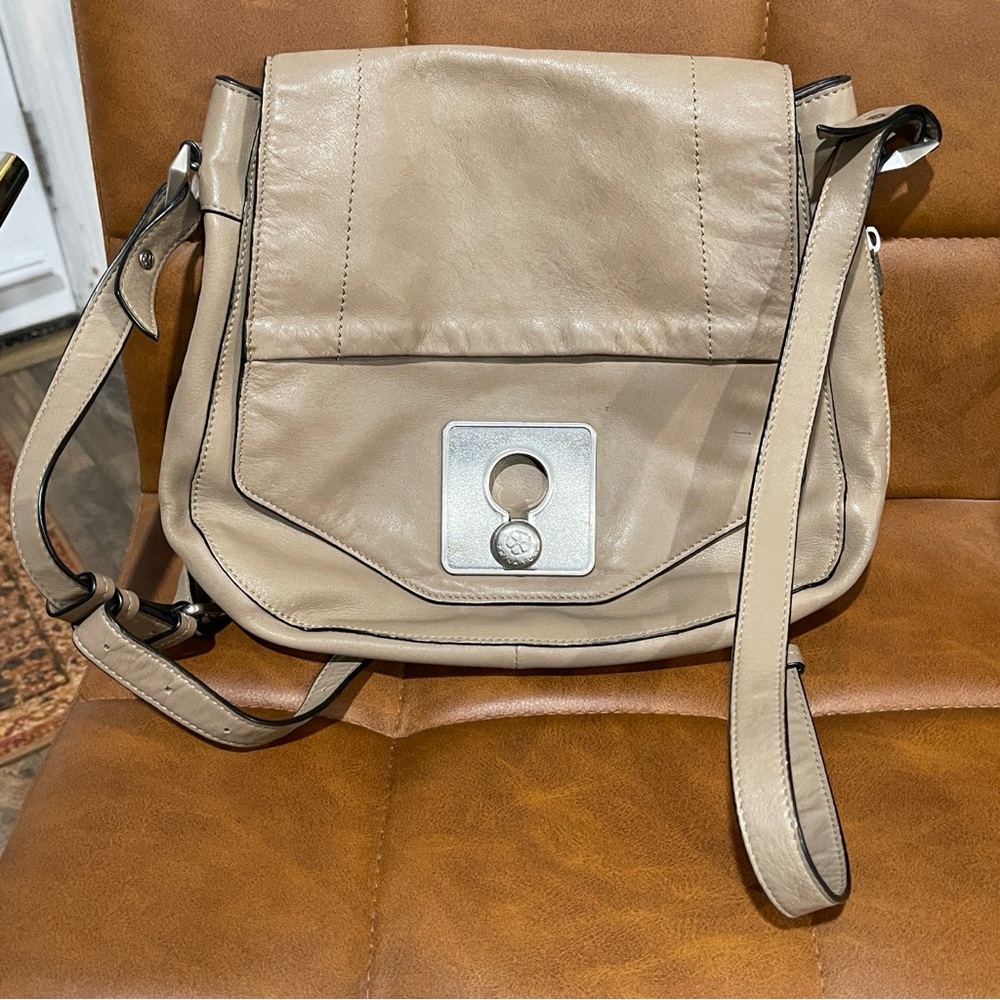 Trina Turk Tan Crossbody Bag with Silver Buckle Style Closure on the Flap